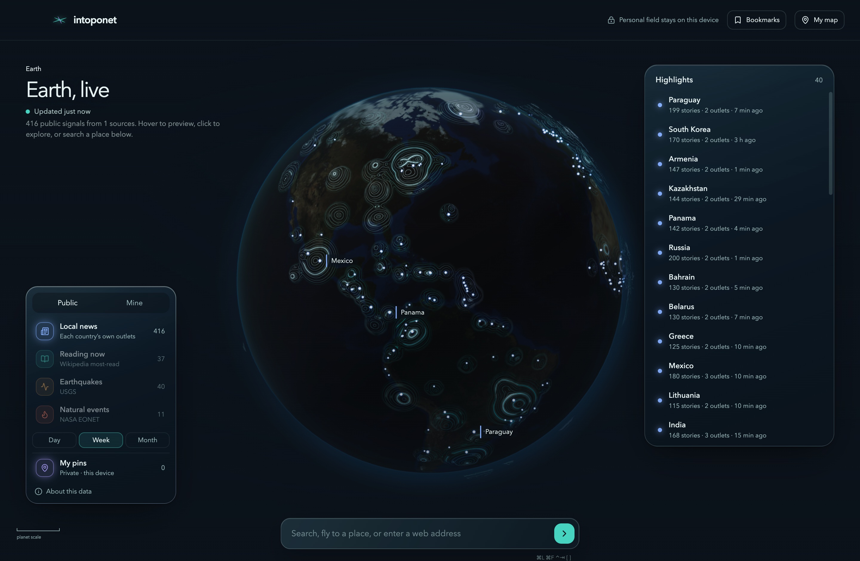 The intoponet browser showing Earth, geographic highlights and public source layers.